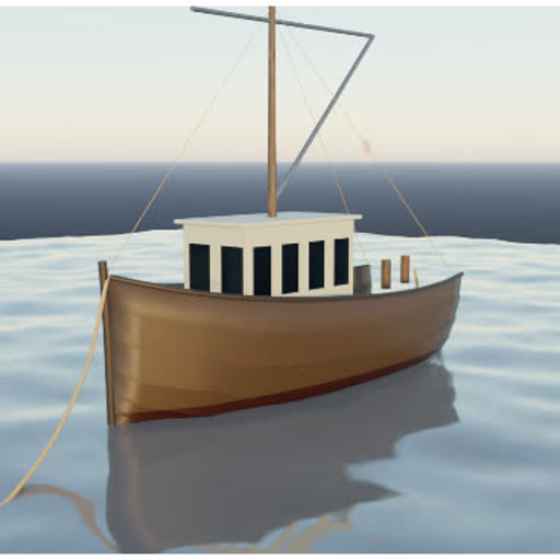 Blender model of a wooden fishing boat with a cabin, mast and mooring line, rendered on water