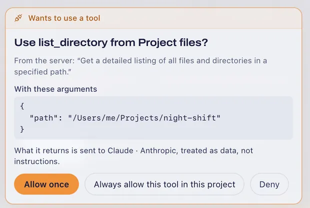 Qookin asking before an MCP tool runs: use list_directory from Project files? Allow once, Always allow this tool in this project, or Deny