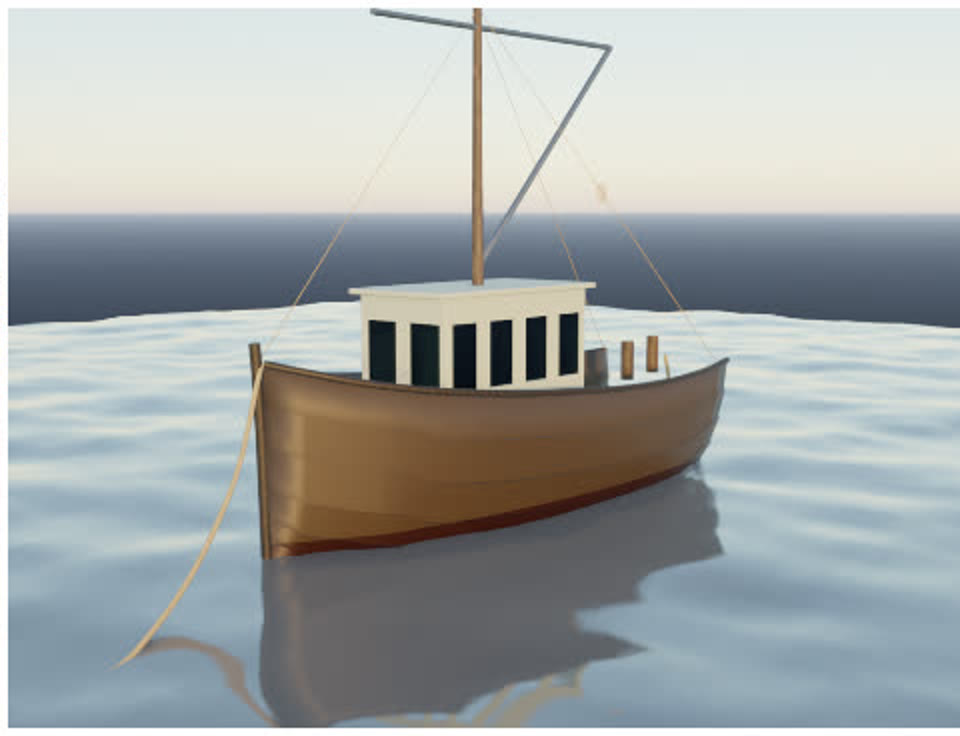 Qookin's Blender model of the boat: planked hull, cabin with windows, mast, spar and mooring line, on water