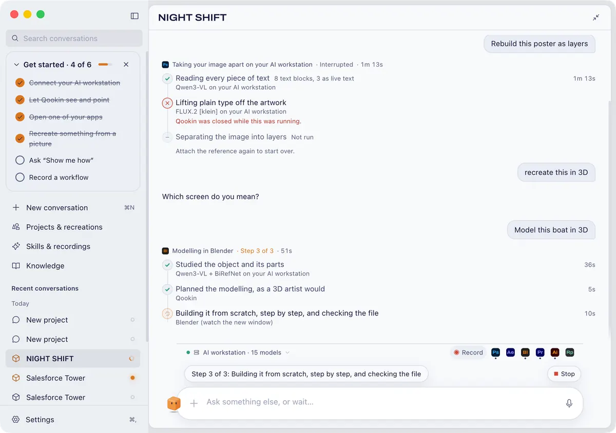 Qookin’s full window: projects and conversations in the sidebar, a Blender build running step by step, Mise on the message box